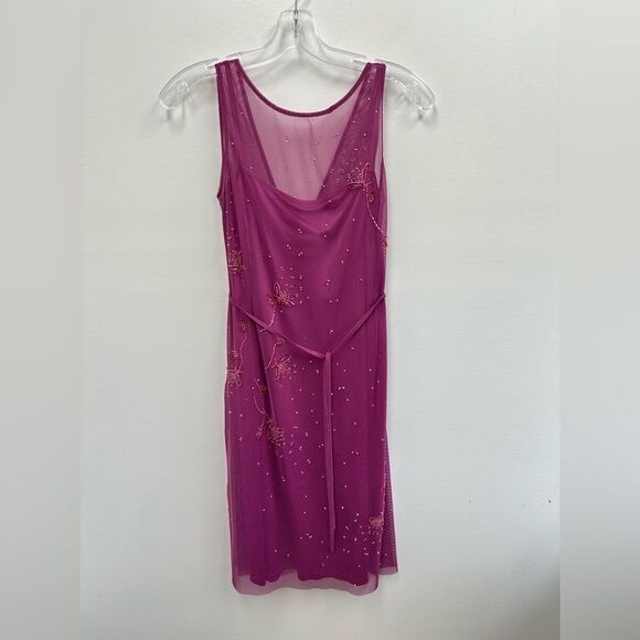Vintage BCBG MaxAzria 90's/Y2k Pink Mesh Beaded Sleeveless Wrap Midi Dress S - Picture 5 of 10